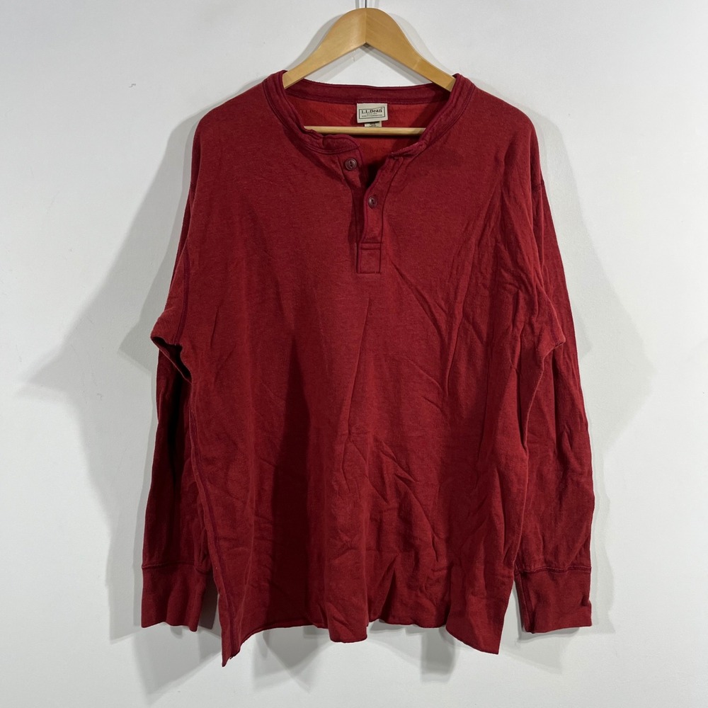 LL Bean 90s Henley Shirt Long Sleeve Red Cotton Wool Men Large Old Money Capsule